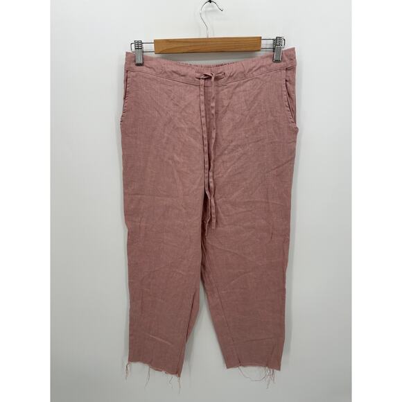 Pink Linen Pull on Ankle Pants Women Medium Raw Hem Drawstring Coastal Vaca Boho - Picture 1 of 7